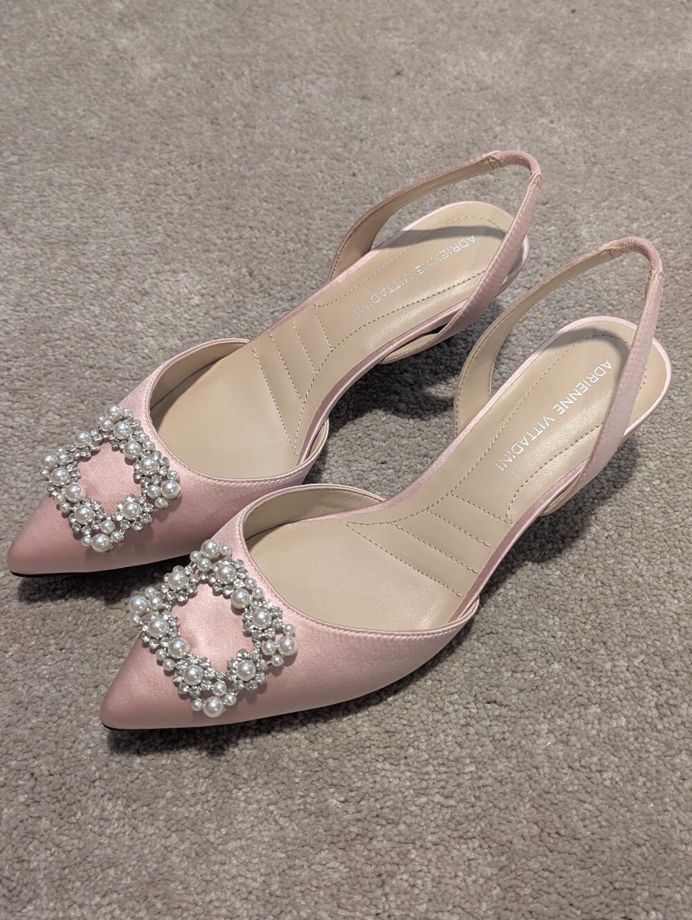 Adrienne Vittadini Suza Embellished Slingback Pump Kitten Satin Heel Baby Pink